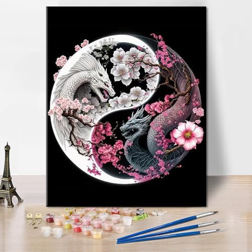 TISHIRON Peinture par numéros Kit de bricolage pour adultes Yin Yang Peinture par numéros pour adultes Dragon Peinture par numéros Kit de bricolage sur toile Fleurs Animaux Peinture acrylique 40 x 50