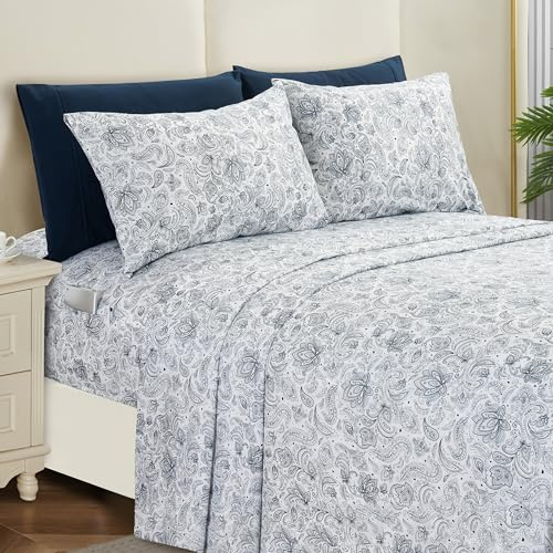 Elegant Comfort Softest and Coziest 6-Piece Sheet Set - 1500 Premium Hotel Quality Microfiber - Deep Pocket, Wrinkle Resistant 6-Piece Paisley Pattern Bed Sheet Set, California King, Paisley Navy
