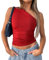 LACOZY Off Shoulder Tops for Women UK Ruched Tight Tee Y2K Going Out Tops Sexy Slim Cami Tank Shirt Red S