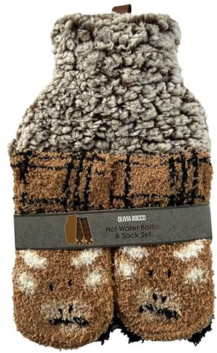 Olivia Rocco Hot Water Bottle & Socks Set Animal Design with Cover 1L Natural Rubber Thermotherapy Long Lasting Warm Winter Gift, Highland Cow