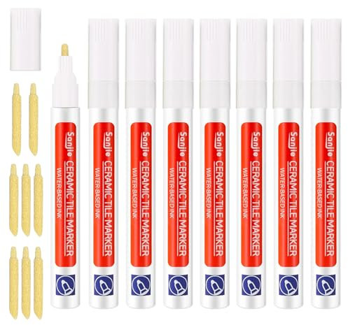 8Pcs Grout Pen White Grout Pen for Tiles Bathroom with Replacement Nib Tips, Tile Grout, Tile Pen, Anti-Grout white for Restoring Tile Grout Wall Floor Bathroom Kitchen and Floor Tiles (White)