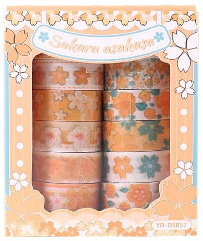 Toyhood Washi Tape, 12 Rollen Washi Tape Set Niedliche Goldfolie Blume Washi Tape Floral Dekorative Masking Tape Scrapbooking Tape für DIY Kunsthandwerk Scrapbooking Bullet Journal, 15mm x 2m (Gelb)