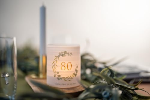 Sovie HORECA Windlicht-Banderolen Schön, DASS du da bist 80 – 12 Stück – stilvolle Tischdeko für den 80. Geburtstag – für Kerzengläser, Windlichter, Party & Gastronomie