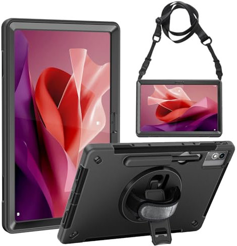 Junfire Case for Lenovo Tab P12 12.7 Inch 2023, Shockproof Rugged Protective Case with Rotating Kickstand Hand Strap Pencil Holder Shoulder Strap for Lenovo Tab P12 Tablet - Black