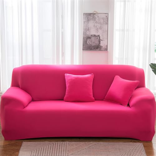 Odot Housse de Canapé Extensible Polyester Couleur Unie, Protege Canape 1/2/3/4 Places, Housse Canapé avec Accoudoirs Lavable, Housse Canape Ajustable, Housse de Fauteuil (Rose Rouge,3 Places)