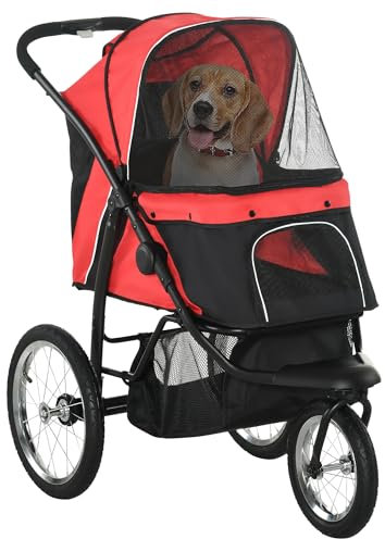 PawHut Hundewagen Hundebuggy klappbar für Hunde & Katzen bis 20 kg Katzenbuggy mit geländegängige Gummiräder Kissen Netzfenstern Türen Katzenwagen mit Aufbewahrungskorb Buggy Rot