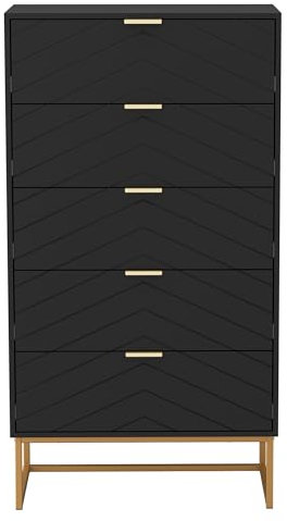 UEV Kommode mit 5 Schubladen Schrank Holz mit Kippsicherung Metallfuß Highboard Sideboard Schmal kommode Beistellschrank für Wohnzimmer Schlafzimmer,Flur 60x34x110cm(schwarz)