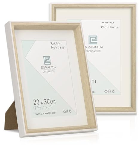 Marco de fotos 20x30 cm SIN paspartu y 15x20 cm CON paspartu, Pack x2 unidades, color Blanco - madera con paspartu, soporte de pie y para colgar (Blanco Madera X2 Uds.) Portafotos 20x30 cm
