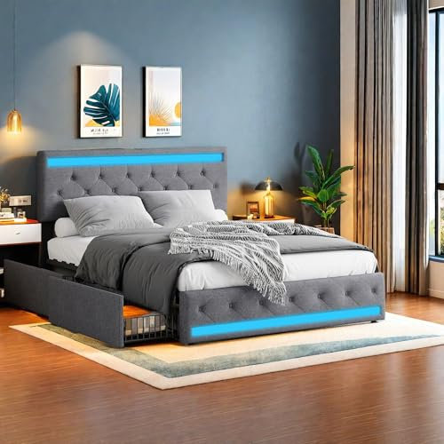 SHAODENG Polsterbett 140x200 cm mit USB-Aufladen und LED-Beleuchtung, Doppelbett mit 4 Schubladen, Funktionsbett Stauraumbetten Jugendbett Rückenlehne Bettgestell, Grau, Leinen, ohne Matratze
