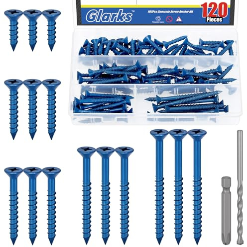 Glarks 102pcs 1/4 x 1-1/4 1-3/4 2-1/4 2-3/4 3-1/4’’ Cross Flat Head Concrete Screw Anchor Kit, Blue Heavy-Duty Cement Screws with Drill Bit and PH2 Bit for Anchoring to Masonry, Block, Brick, Cement