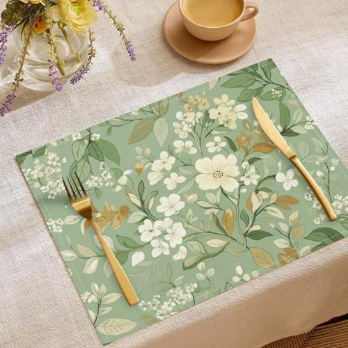 Wildblumen Blätter Platzsets Set 2 Stück, Tischset Blumen, Abwaschbar Platzsets Frühling Sommer Platzdeckchen, Mintgrün Tischdeko Küche, Drinnen Urlaub Party Deko 30x45cm