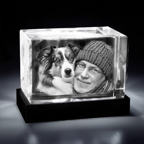 contento | 3D Glasfoto | Foto in Glablock gelasert | Hochwertiges Kristallfoto | Personalisiertes 3D Glas-Geschenk | (Glasblock, M Querformat (90x60x60mm) inkl. Sockel | bis 3 Personen/Tiere