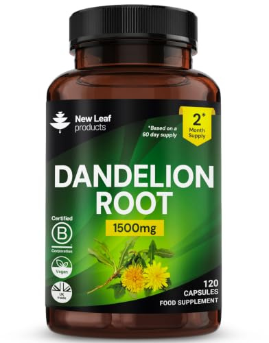 Dandelion Root Capsules - 120 High Strength Vegan Dandelion Root Extract Capsules - Water Retention Tablets, 1500mg Per Serving - 2 Months Supply Made in The UK By New Leaf
