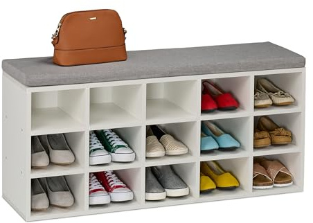 Relaxdays Shoe Bench, Padded Seat, HWD: 48 x 105 x 30 cm, for Hallway, Wardrobe, Bedroom, Footwear Storage, White/Grey