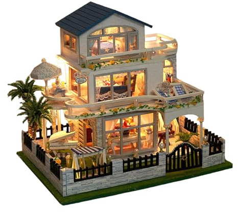 Handgefertigtes Miniaturhaus-Bausatz - 3D Holz Bastelsatz für kleine Villa Modellbau mit LED,Handgefertigtes Bastelset & Zimmerdeko Für Kinder Jugendliche Erwachsene
