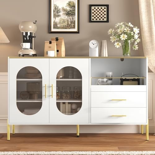 Buffet avec 2 tiroirs 2 Portes vitrées Commode avec des Accents dorés Armoire latérale pour Salon Chambre à Coucher Salle à Manger Couloir Blanc