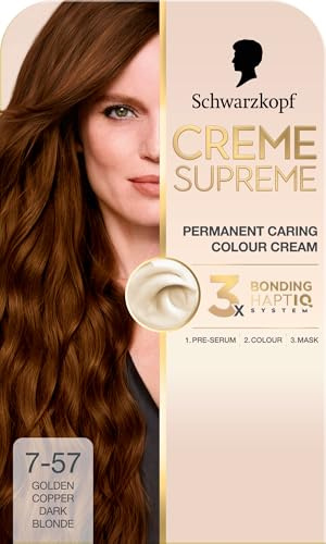Schwarzkopf Creme Supreme 7-57 Golden Copper Dark Blonde, Permanent Hair Dye, Caring Hair Dye Colouration with 3-Step Bonding System Against Damage, 100% Grey Coverage