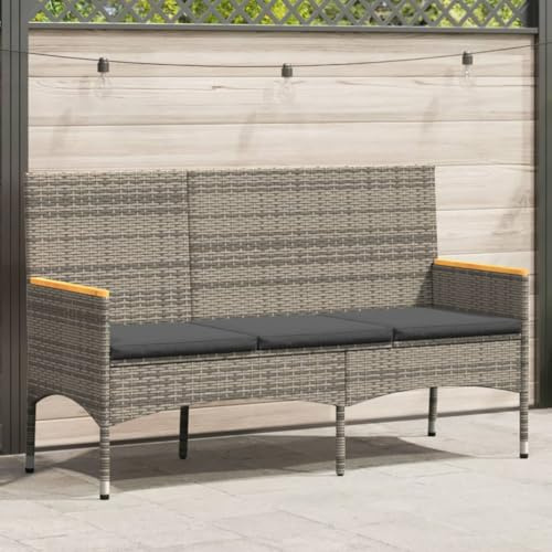 IBUQDDV Gartenbank 3-Sitzer mit Kissen Grau Poly Rattan, Outdoor Sitzbank aus PE Rattan mit Stahlrahmen, Wetterfeste Gartenmöbel für Terrasse und Innenhof