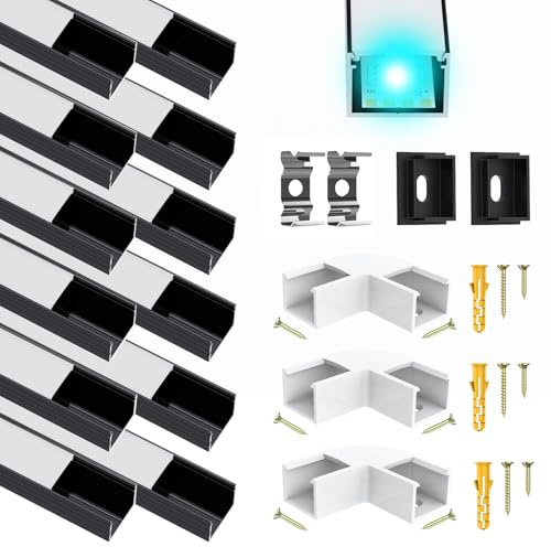 12Pack LED Kanal Aluminum Profil Schwarz für Bis zu 16mm Streifen, U Form Kanal Leiste Aluprofil mit Milchiger Weißer Abdeckung, Stripe Schiene Geeignet für Philips Hue LED Streifen/Strip/Band Plus