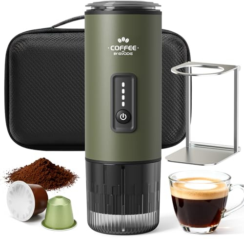 GVODE Tragbare Kaffeemaschine mit Akku, 3-in-1 Mobile Espressomaschine | 20 Bar Selbsterhitzend Mini Kaffeemaschine(NS/DG Kapseln & Pulver) für Camping, Auto & Reise, Inkl. Tasche & Ständer - Grün
