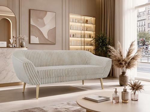 MKS MEBLE Sofa PIRS 3-Sitzer - Skandinavisches Design Couch, Gesteppte Polsterung, Wellenfederung, bequemes Polstersofa für Wohnzimmer - Buche Beine, Beige Cord