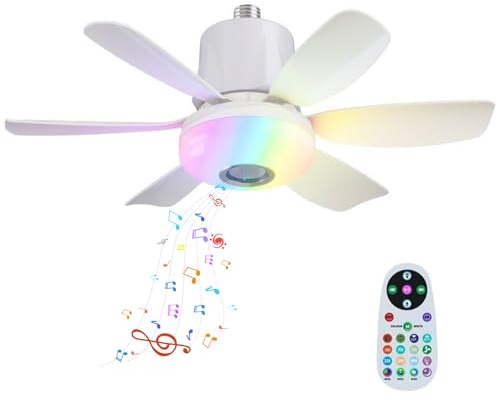 OEHUG Lights Bulb Ceiling Fan with Bluetooth Speaker and Remote RGB Music,E27 Base 3 Colors 3 Speeds,6 Blades 32W RGB LED Ceiling Fan Light with Lights and Remote for Bedroom Kids Room (White)