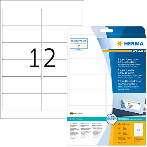 HERMA 10017 Universal Etiketten ablösbar, 800 Blatt, 99,1 x 42,3 mm, 12 pro A4 Bogen, 9600 Stück, selbstklebend, bedruckbar, matt, blanko Papier Klebeetiketten Aufkleber, weiß