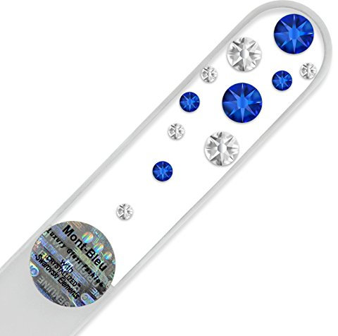 Mont Bleu Hand Decorated Crystal Glass Nail File with Swarovski Elements, Czech Tempered Glass, Lifetime Guaranty, in Suede Sleeve (Capri Blue - Crystal)
