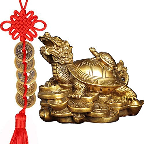 Amperer Feng Shui Messing Drache Schildkröte Statue Reichtum Wohlstand Skulptur mit 5 Glücksbringern Antike Münzen auf roter Schnur Bestes Einweihungsgeschenk Heimdekoration (C2 Dragon Turtle)