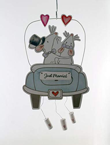 E+N Hänger Brautpaar Hochzeitspaar Braut Bräutigam Mäuse Auto mit Dosen JUST Married Geschenk-Idee Hochzeit Hochzeits-Deko Feier Fest weiß/bunt, 17x30cm, Holz