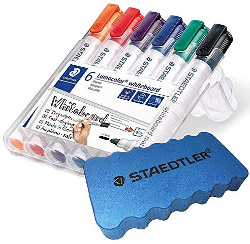 STAEDTLER Lumocolor 351 WP6 Whiteboard-Marker, Rundspitze ca. 2 mm Linienbreite, Set mit 6 Farben (1 Etui Löscher)