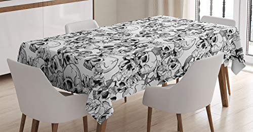 ABAKUHAUS Feier Tischdecke, Sketch Toten Schädel, Druck mit Klaren Farben ohne Verblassen Waschbar für innen oder Außen Bereich, 140 x 200 cm, Weiß und Schwarz