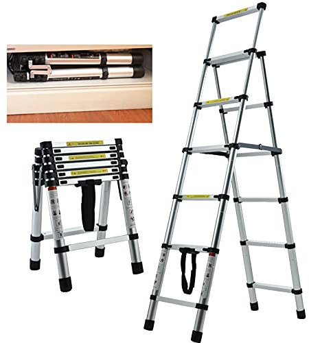 6 Step Ladder Aluminium Telescopic Ladder Heavy Duty 150KG/330lb Capacity Folding Portable Anti-Slip Safety 6 Tread Stepladder for Home Garden Office Garage DIY