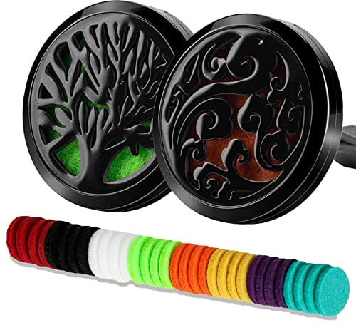 2 PCS Auto Öl Diffusor Lufterfrischer 30mm Edelstahl Schwarz Medaillon Entlüftungsclip mit 32 Stücke Austauschbare Nachfüllpads