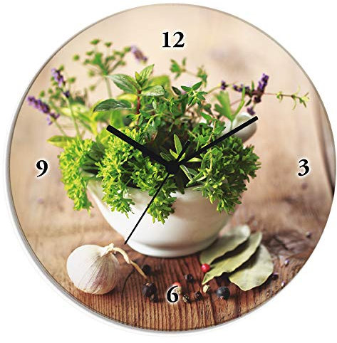 ARTLAND Wanddeko Wanduhr ohne Tickgeräusche Glas Funkuhr Ø 30 cm Rund Lautlos Kräuter Gewürze Holzoptik Landhaus Landhausstil Food T5QG