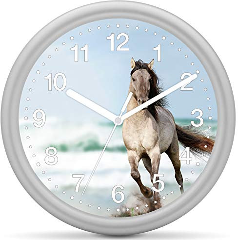 Eurotime Quarzwanduhr, 25 cm, Kunststoffgehäuse Silber, Kunststoffglas, klares 12-Zahlen Zifferblatt mit Pferdemotiv, geräuscharmes Uhrwerk, kein Ticken, Wanduhr für Kinderzimmer, 82207-07