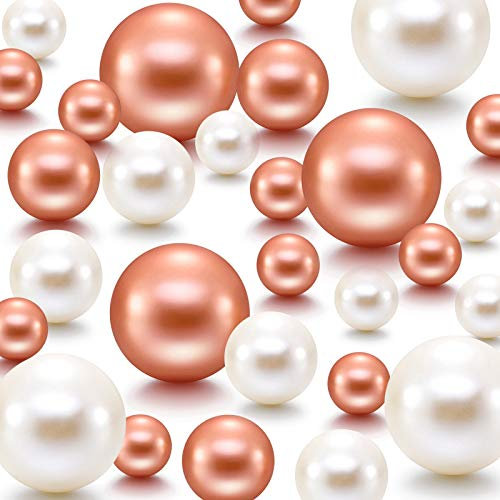 Hicarer 120 Pieces Pearl for Vase Filler Pearls Bead for Vase Makeup Beads for Brushes Holder Assorted Round Faux Pearl Beads for Home Wedding Decor, 14/20/ 30 mm(Creamy White, Rose Gold)