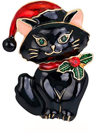 Amosfun broche de noël alliage chat avec bonnet de Noel émail broche pour costume chemise pull noir