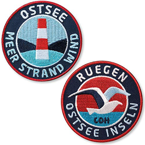 2er-Set Ostsee + Insel Rügen Aufnäher gestickt 62 mm/Mecklenburg-Vorpommern Meer Möve Seebad Binz Hiddensee/Patch Aufbügler Abzeichen Flicken zum Aufbügeln Aufnähen auf Kleidung Jacke Reiseführer