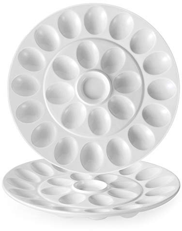 Flexzion Deviled Egg Tray 2 Pack Keramik Weiß Porzellan 25 Tassen Eier Serviertablett Catering Teller für hart gekochte Teufeleier, Ostereier Halter & Desserts Einzigartige Dekorative Küche Teller