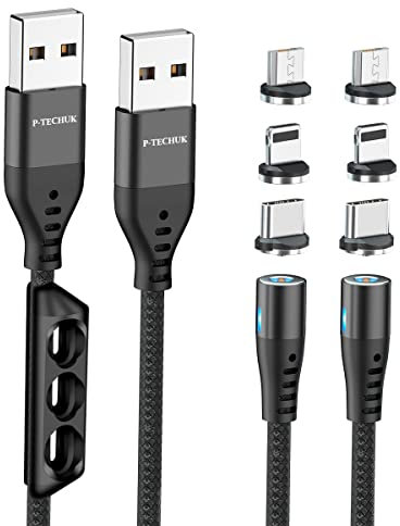 P-TECHUK Magnetic Charging Cable, Mobile Phone Charging Cable, Nylon Braided Magnetic charger cable. (2 x 1M cable, 6 tips, 1 x tip holder) (Black)
