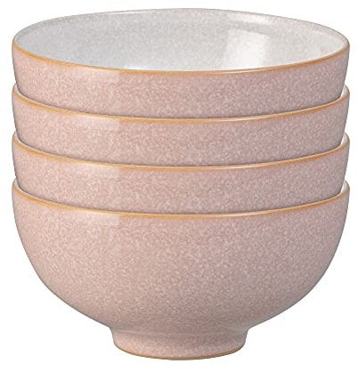 Denby - Elements Sorbet Pink Rice Bowls Set of 4 - Dishwasher Microwave Safe Crockery 480ml 13cm - Pale Pink, White Ceramic Stoneware Tableware - Chip & Crack Resistant Soup Bowls