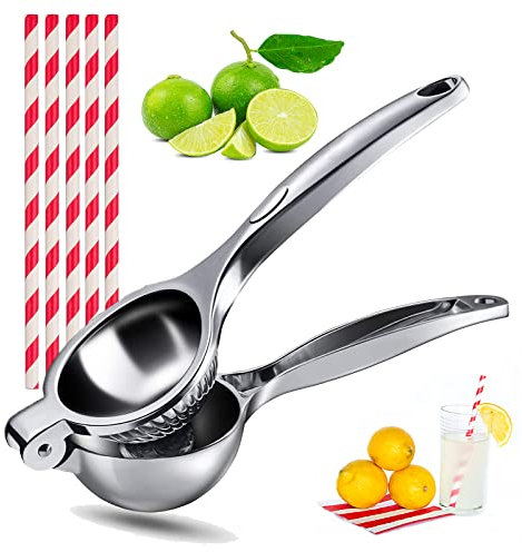 Spremiagrumi Limone Lime Manuale in Lega di zinco Premium, Spremiagrumi Limone Manuale, Professionale Succo di Limone Pressa with 5 Red and White Paper Straws per Cucina, Bar, Ristorante (Small)