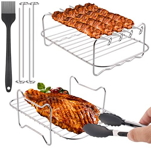Hejo 2 Stück Heißluftfritteuse Grillrost Kompatibel für Dual Zone Heißluftfritteuse AF300EU/ AF400EU mit 4 Grillstäbchen + 1 Ölbürste und 1 Lebensmittel-Clips