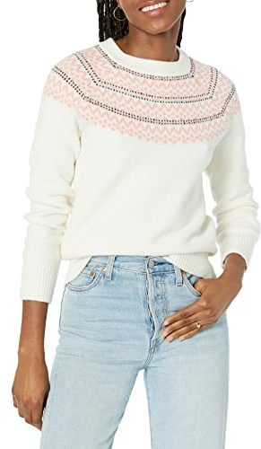 Amazon Essentials Pull à col roulé à motif Fair Isle doux au toucher Femme, Ivoire Rose Imprimé Motif Jacquard Écossais, L