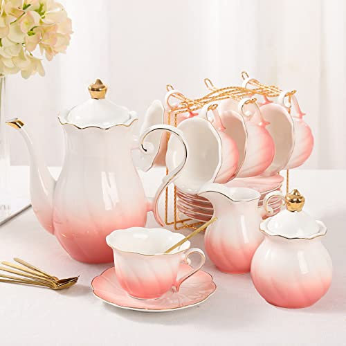 DUJUST 22 pcs Porcelain Tea Set for 6, Luxury British Style Tea/Coffee Cup Set with Golden Trim, Beautiful Tea Set for Women, Tea Party Set, Gift Package (with a Stand) - Gradient Pink