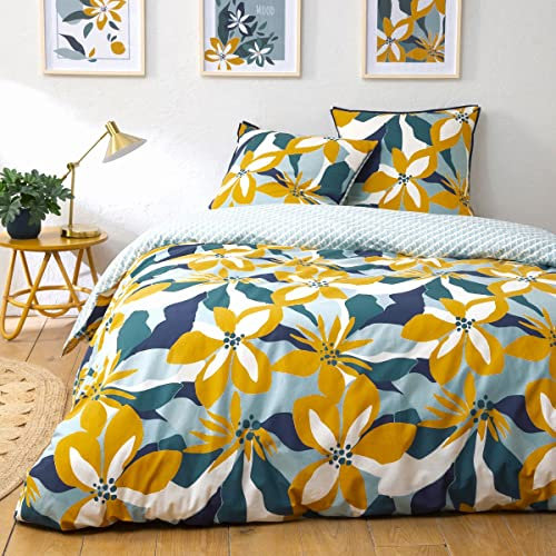 Parure de lit 3 pièces Adulte 2 Personnes à Rabat en Percale 70 Fils imprimé Bleu Set de Housse de Couette 260x240cm +2 Taies d'oreiller 63x63 cm avec Fermeture Bouteille