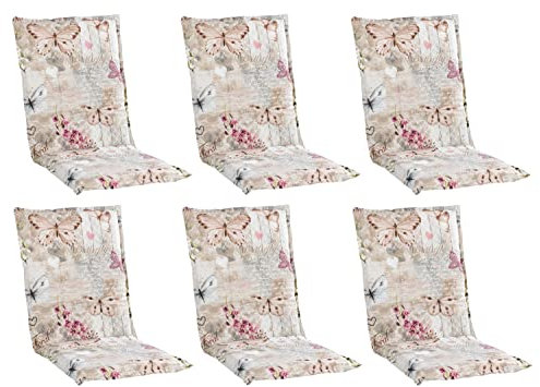 Home4You Gartenstuhlauflagen Mittellehner 6er Set - 110 x 50 cm - Beige - Baumwolle - Polyester - Schmetterlingsmotiv - Sesselauflage Sitzpolster Stuhlauflage