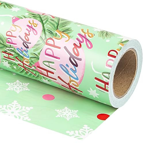 WRAPAHOLIC Wendbares Weihnachts-Geschenkpapier – Mini-Rolle – 43 cm x 90 cm – Happy Holiday-Schriftzug mit Weihnachtskugel-Design für Weihnachten, Urlaub, Party