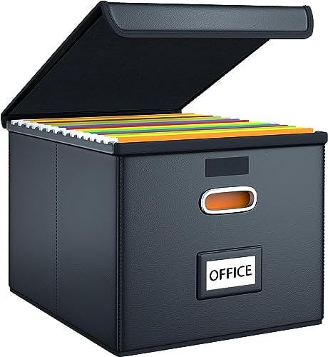 Finew Upgraded Portable File Boxes, Leather File Boxes with Plastic Slide, File Storage Box with Lid for Folder Organiser, Foldable Linen Hanging Document Storage Box (Black)